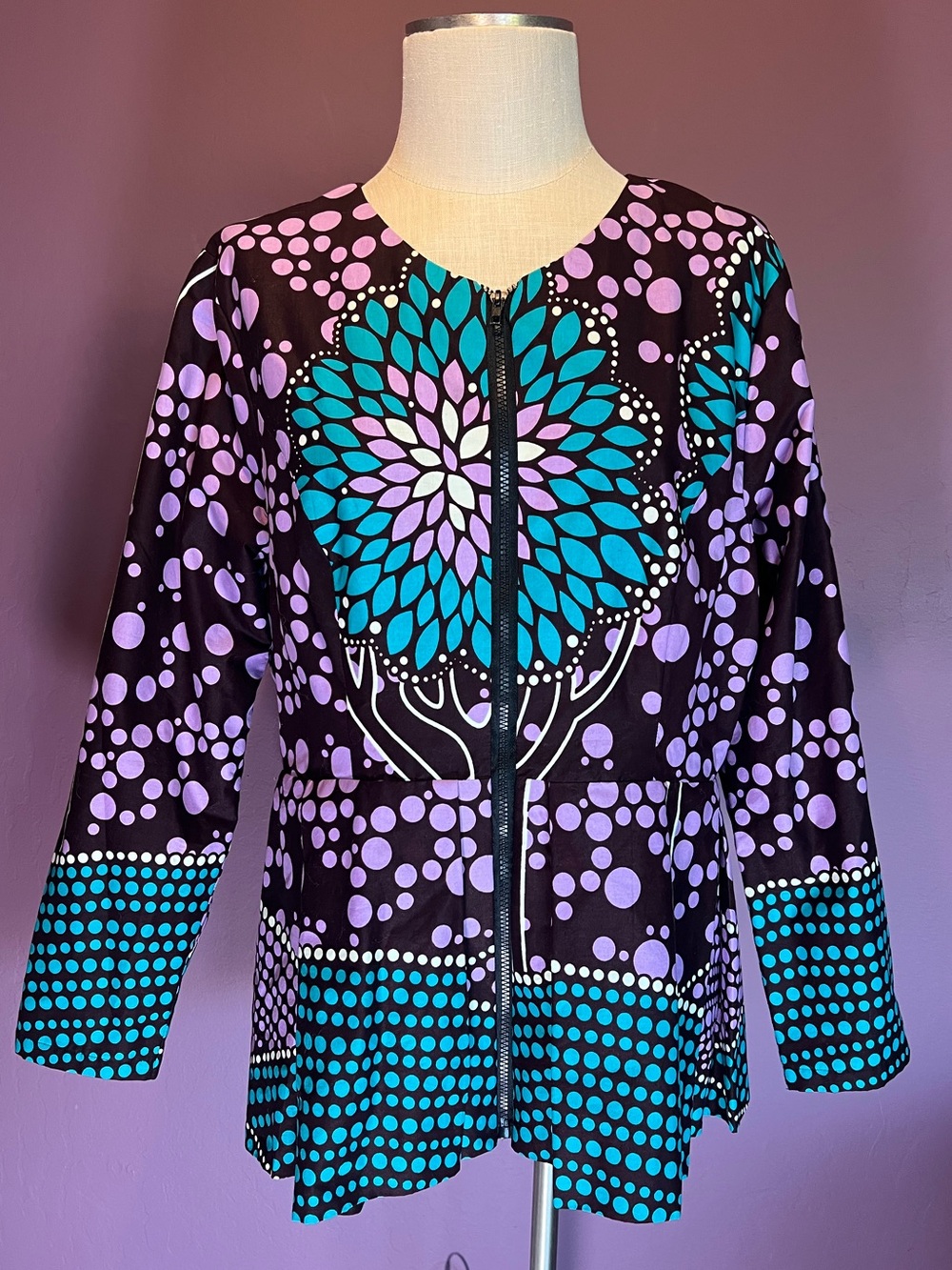 💟Ray Darten African Zippered Print Jacket Dress 1X Purple Blue Cotton